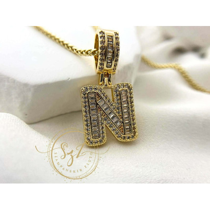Zawieszka literka N z cyrkoniami Stal szlachetna pozłacana