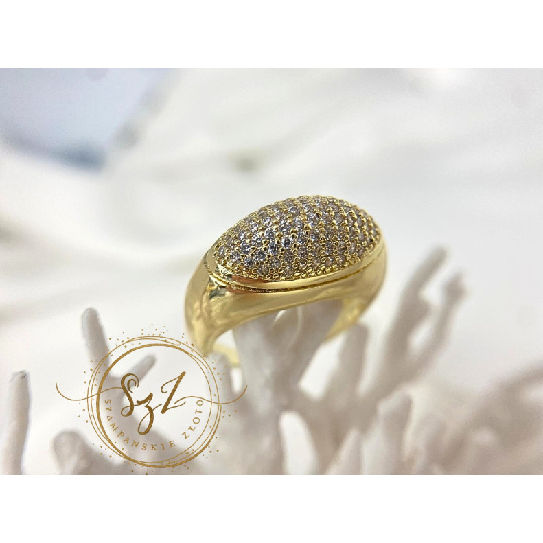 Pierścionek szeroki owalny stal szlachetna pozłacana