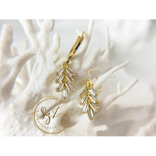 kolczyki wiszące jodełka cyrkonie stal szlachetna pozłacana